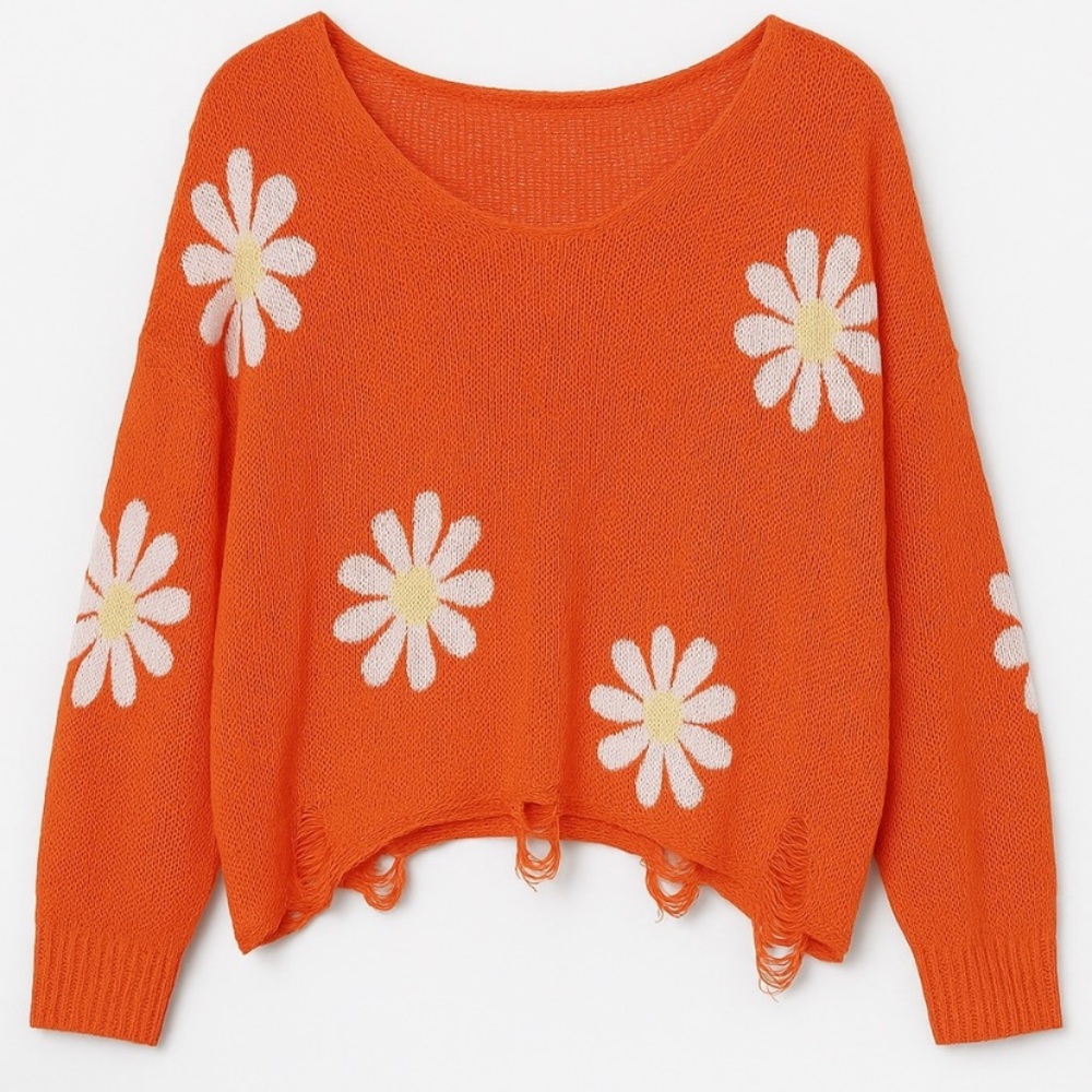 POL Orange Daisy Distressed Lightweight Sweater
